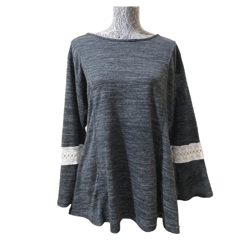 Boho Tunic Bell Sleeve Lace Trim Gray Knit Blouse Women Shirt L XL Flowy Stretch